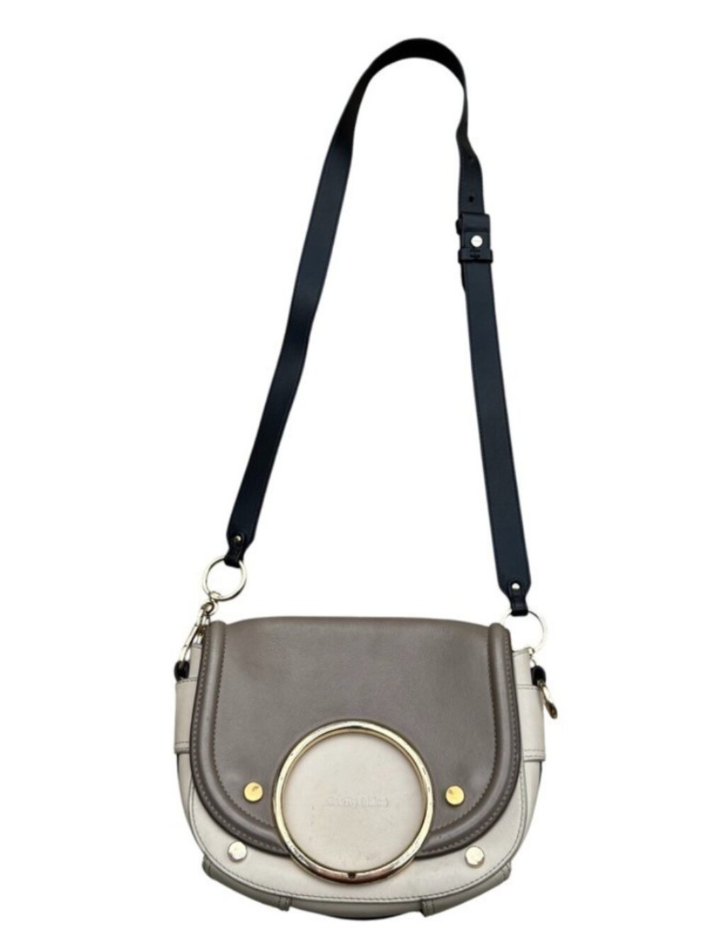 See by Chloé Mara Mixed Leather Colorblock Gray White Crossbody Big Hoop Bag
